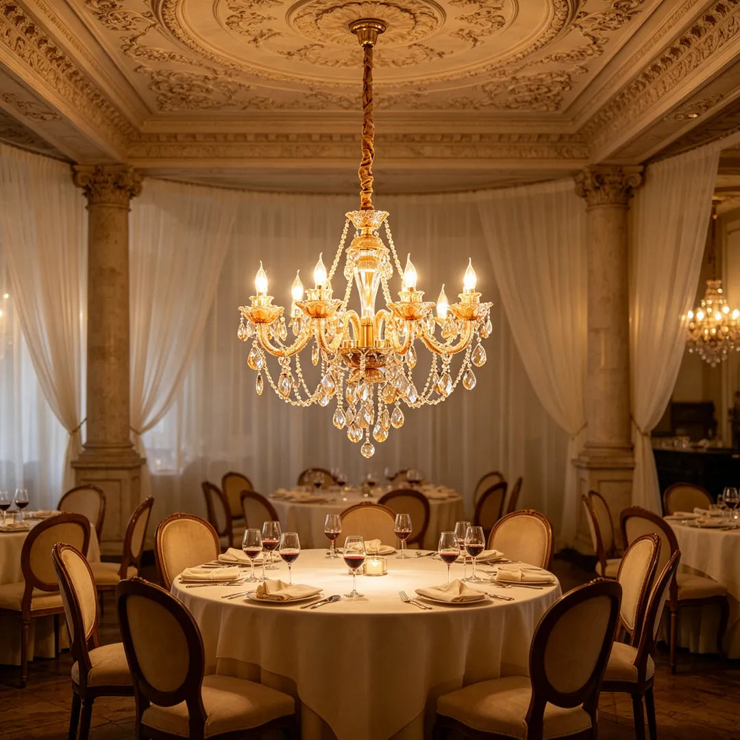 Gold crystal chandelier with candle style lights glowing above round dining tables set with wine glasses