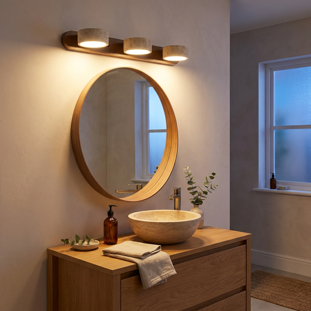Warm bathroom with a three light stone vanity fixture above a round wooden mirror and vessel sink