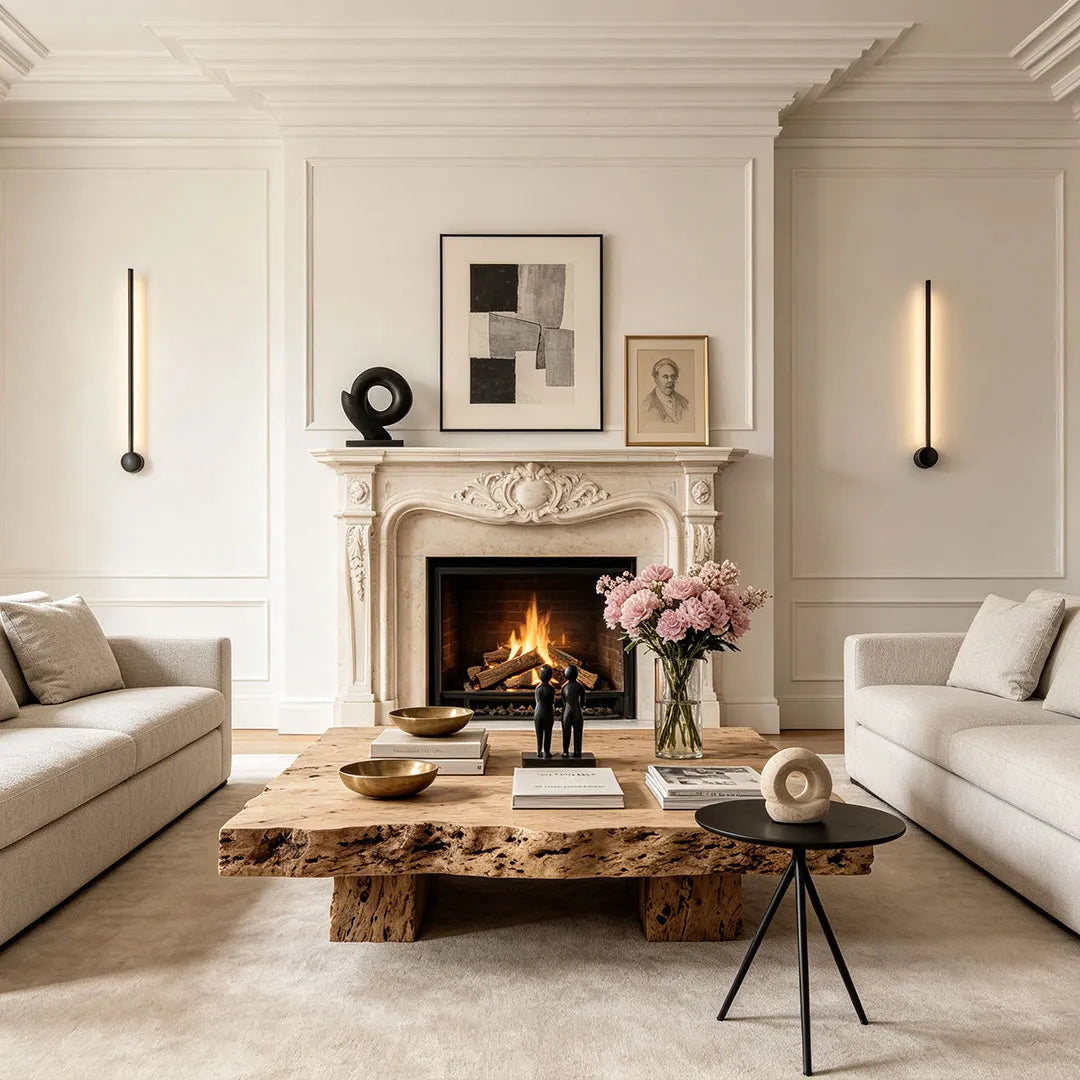 Living room with a stone fireplace framed by two slim black linear LED wall lights