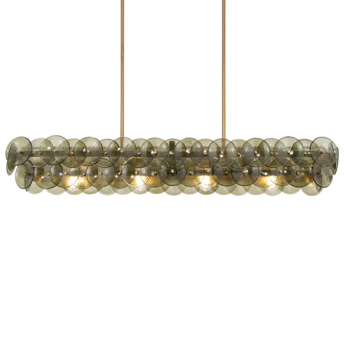Green Glass Disc Linear Chandelier, 12 Light Gold Frame