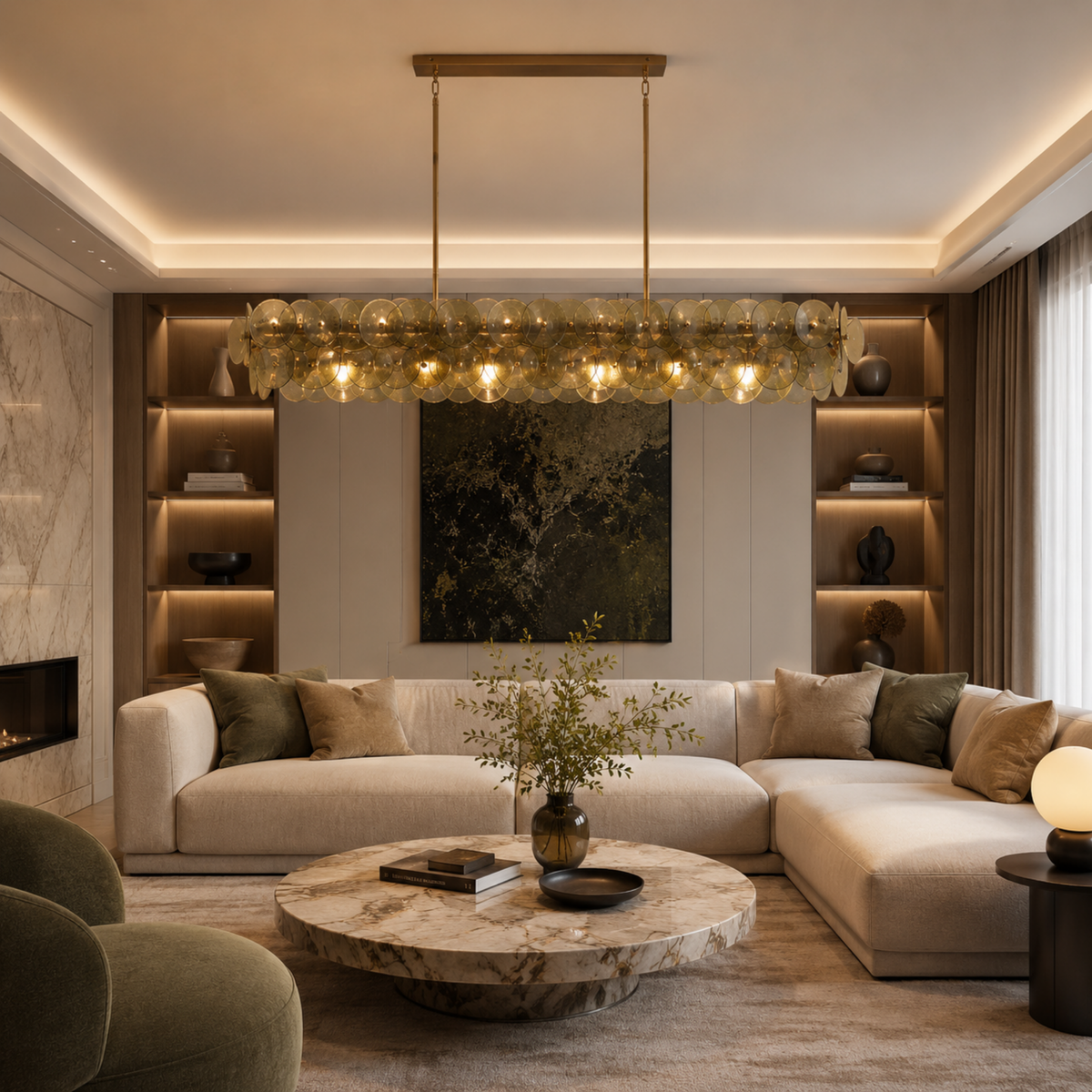 Green Glass Disc Linear Chandelier, 12 Light Gold Frame