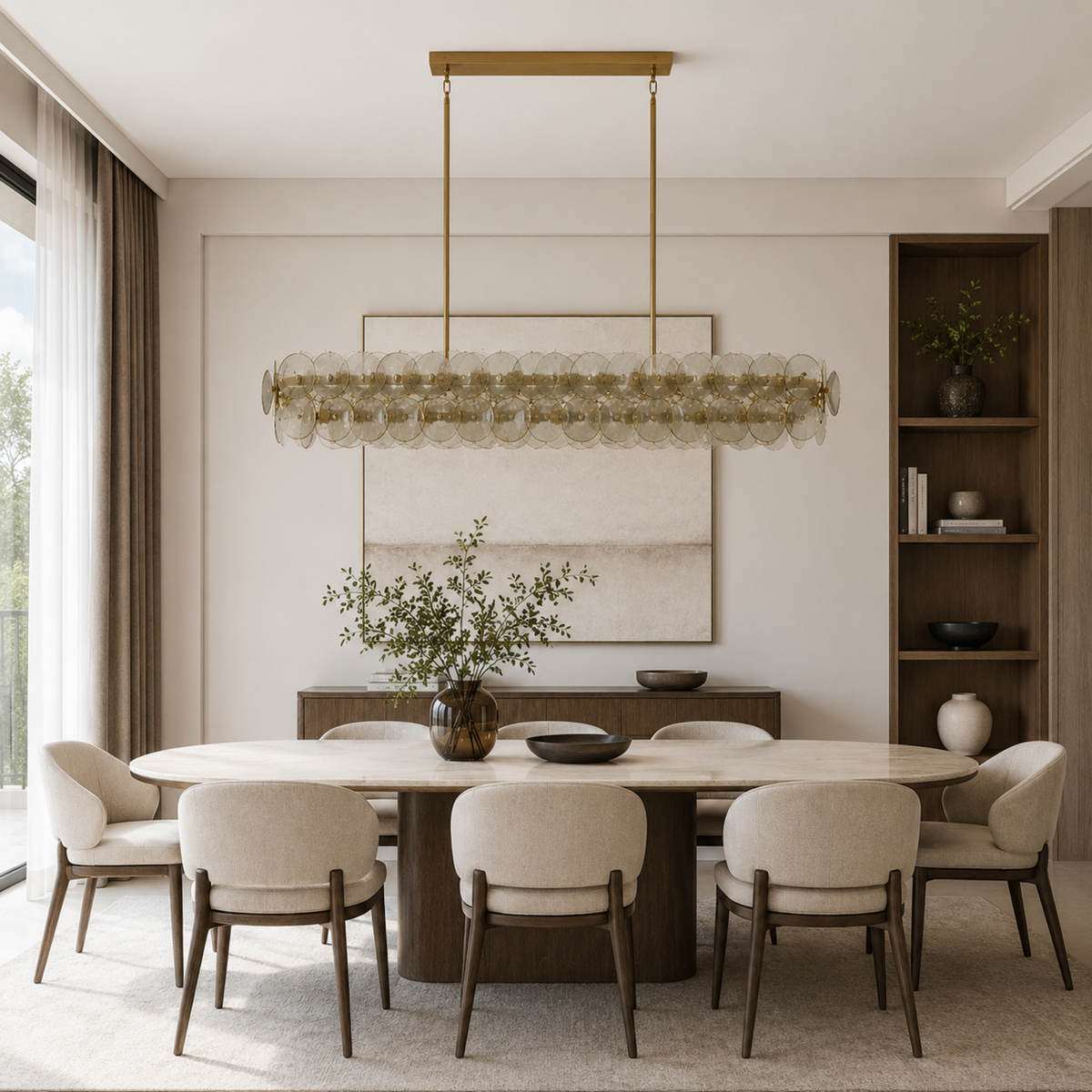 Green Glass Disc Linear Chandelier, 12 Light Gold Frame