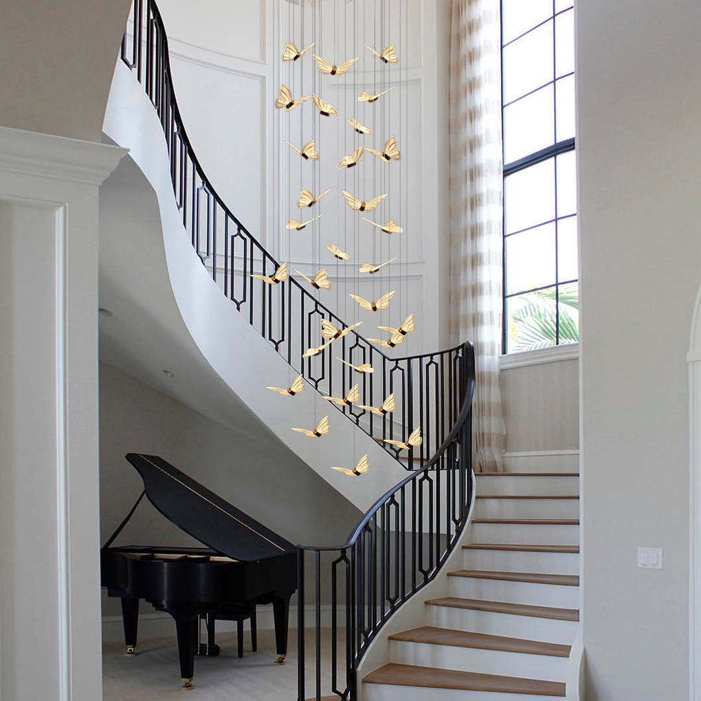 Butterfly Flight Staircase Chandelier, Black and Gold Long Drop Light
