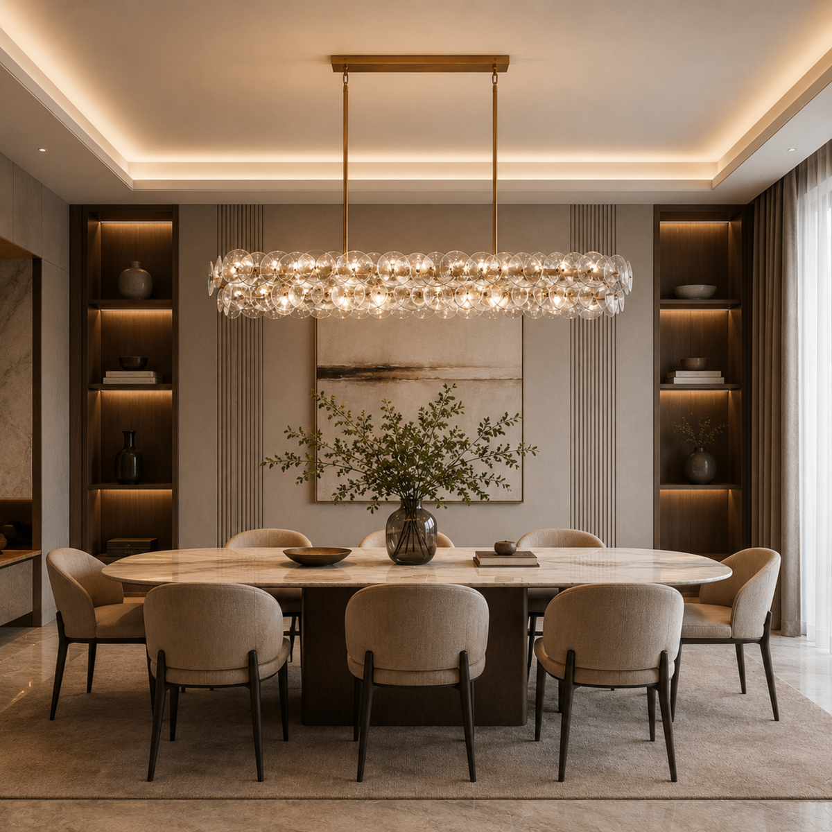 Clear Glass Disc Linear Chandelier, 12 Light Gold Frame