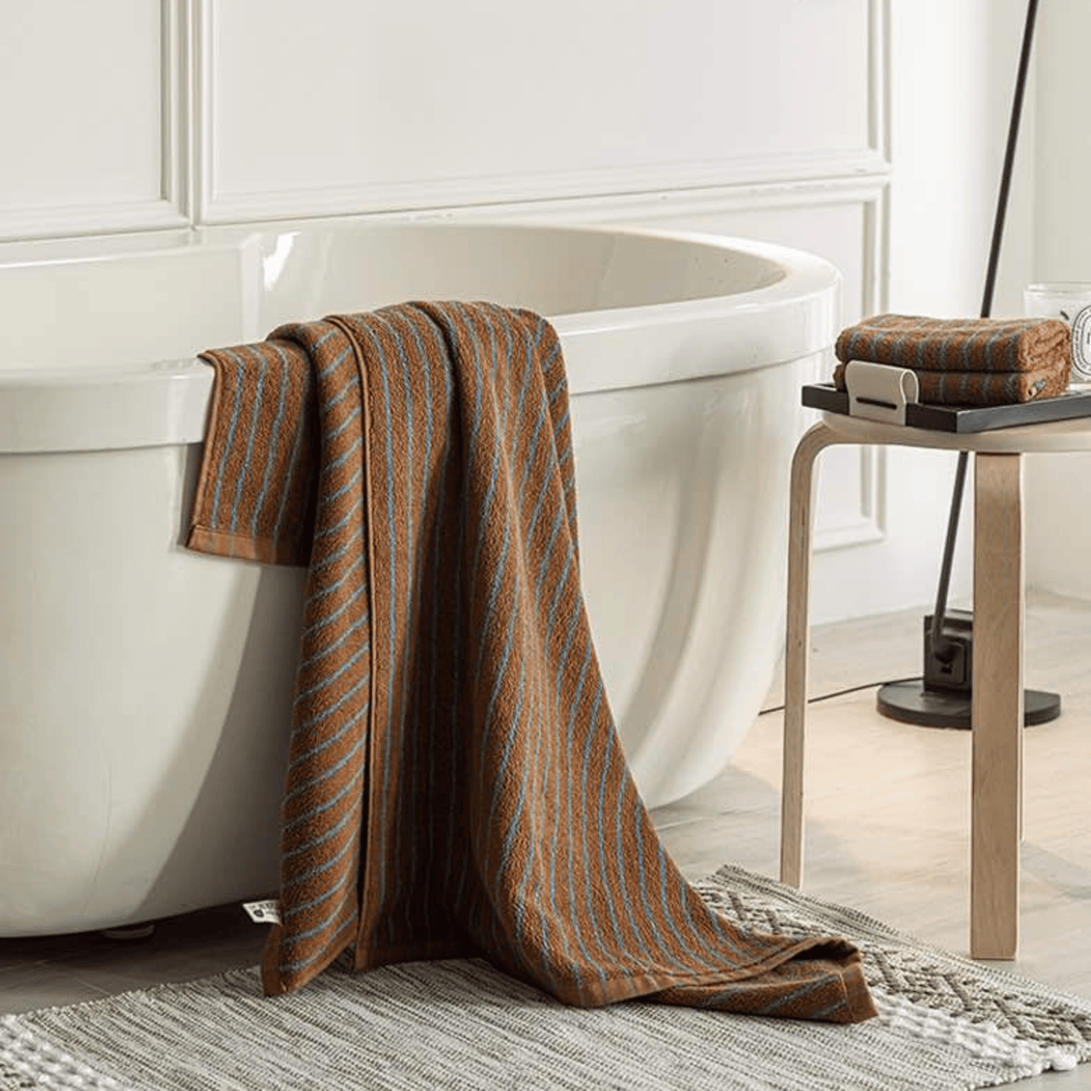 Retro Striped Cotton Towel in Rust and Turquoise