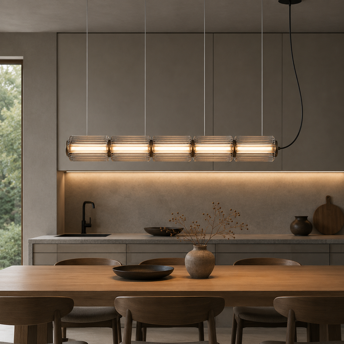 Fluted Glass Linear Pendant Light, Italian Style Island