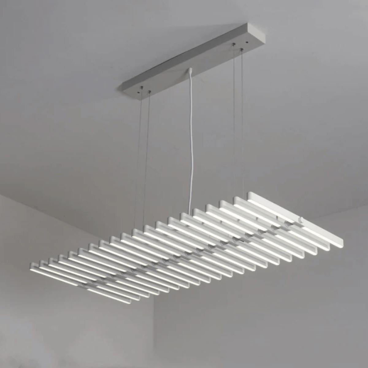 White Rotating Bar LED Chandelier, Sculptural Linear