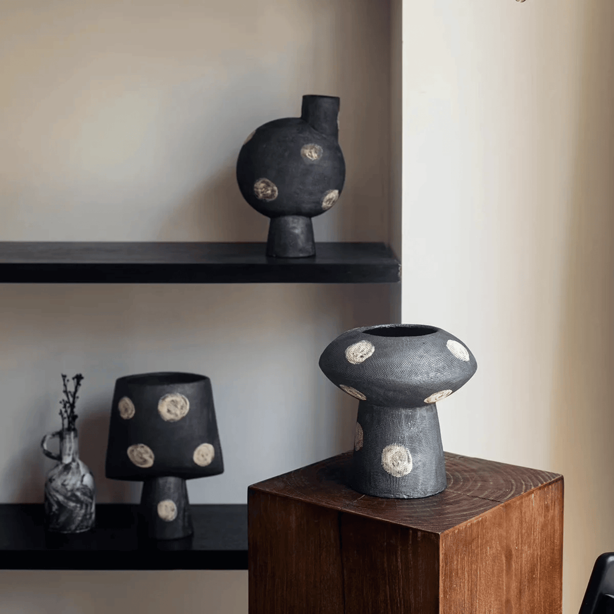 Matte Black Ceramic Vase with Gold Dots, Handmade Modern