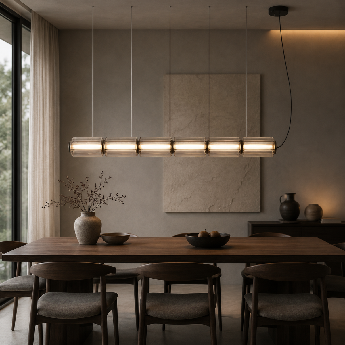 Fluted Glass Linear Pendant Light, Italian Style Island