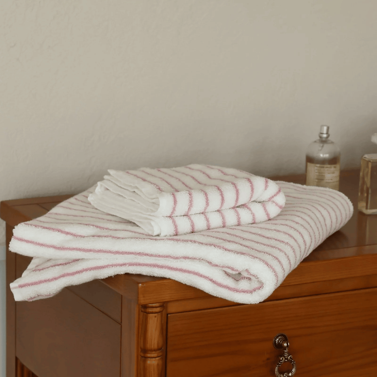 Retro Striped Cotton Towel in Pink and White, Yarn Dyed