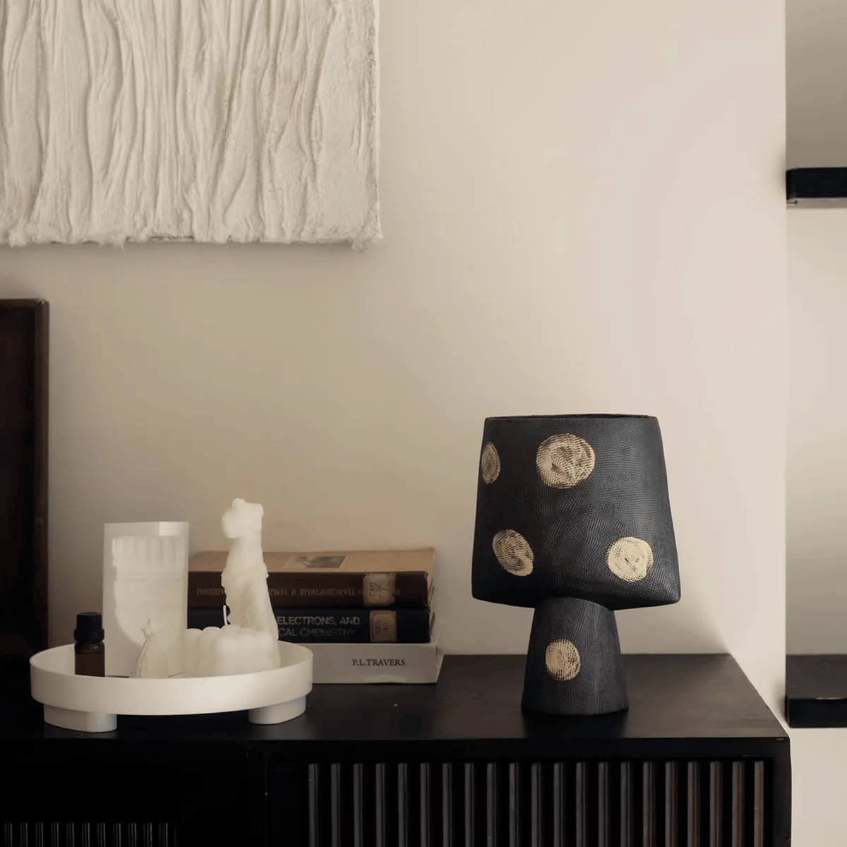Matte Black Ceramic Vase with Gold Dots, Handmade Modern