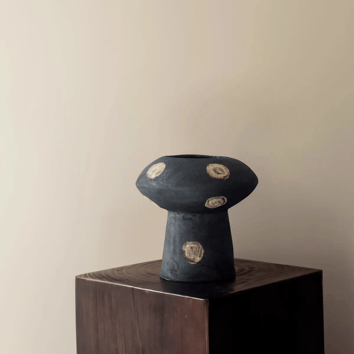 Matte Black Ceramic Vase with Gold Dots, Handmade Modern