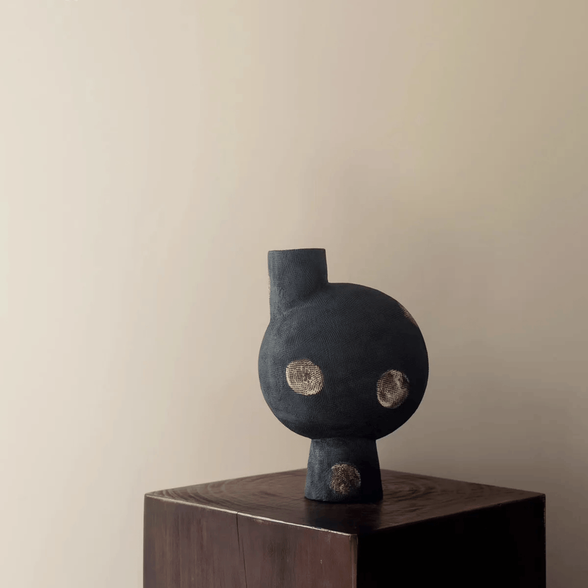 Matte Black Ceramic Vase with Gold Dots, Handmade Modern