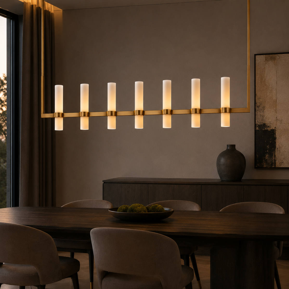 Frosted Glass Cylinder Linear Chandelier, Gold or Black