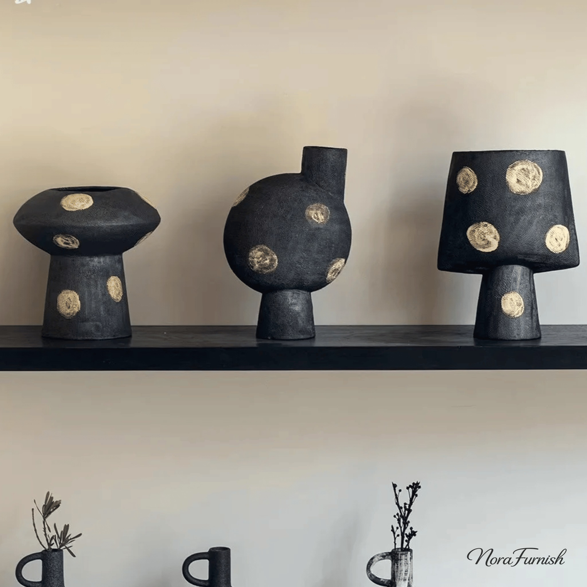 Matte Black Ceramic Vase with Gold Dots, Handmade Modern