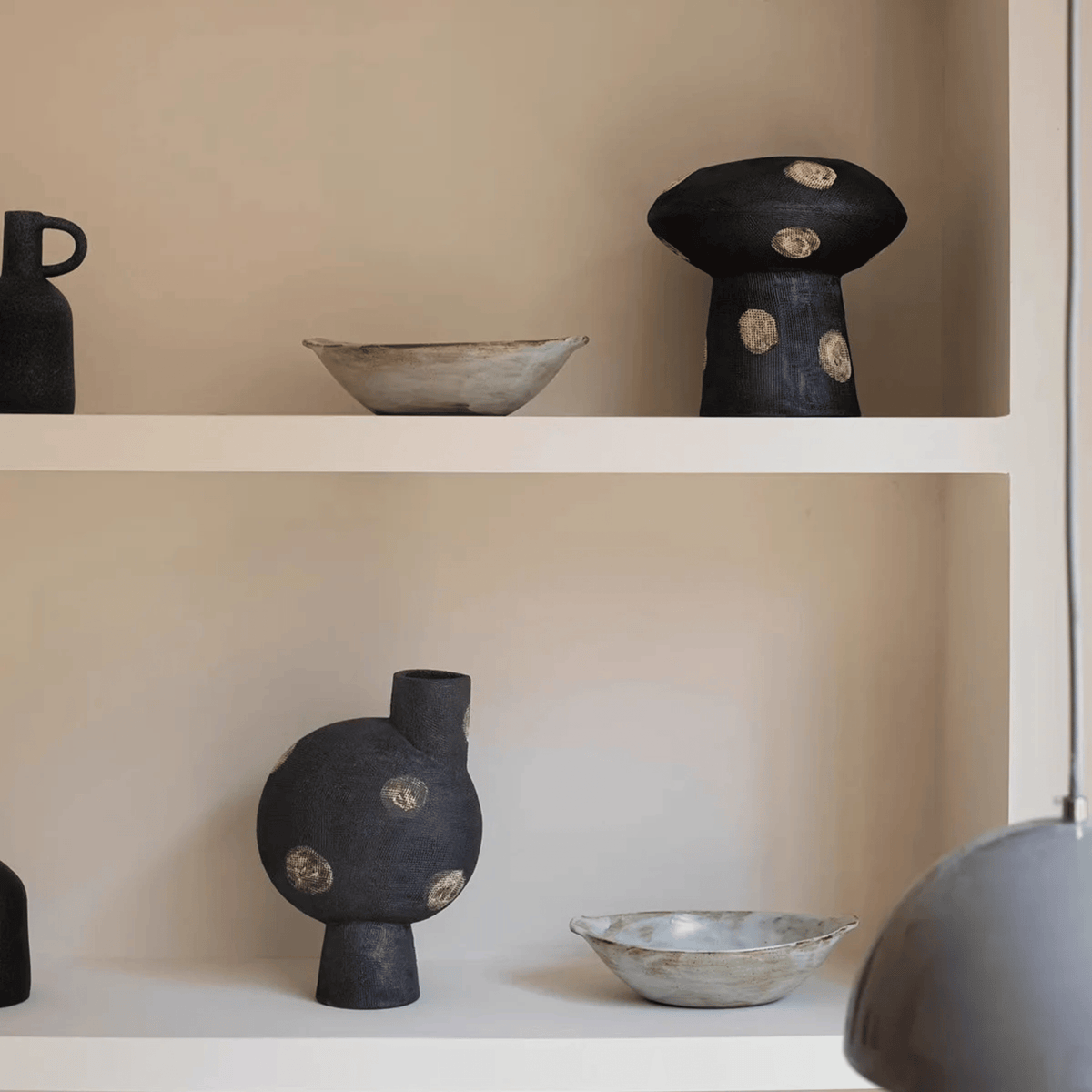 Matte Black Ceramic Vase with Gold Dots, Handmade Modern