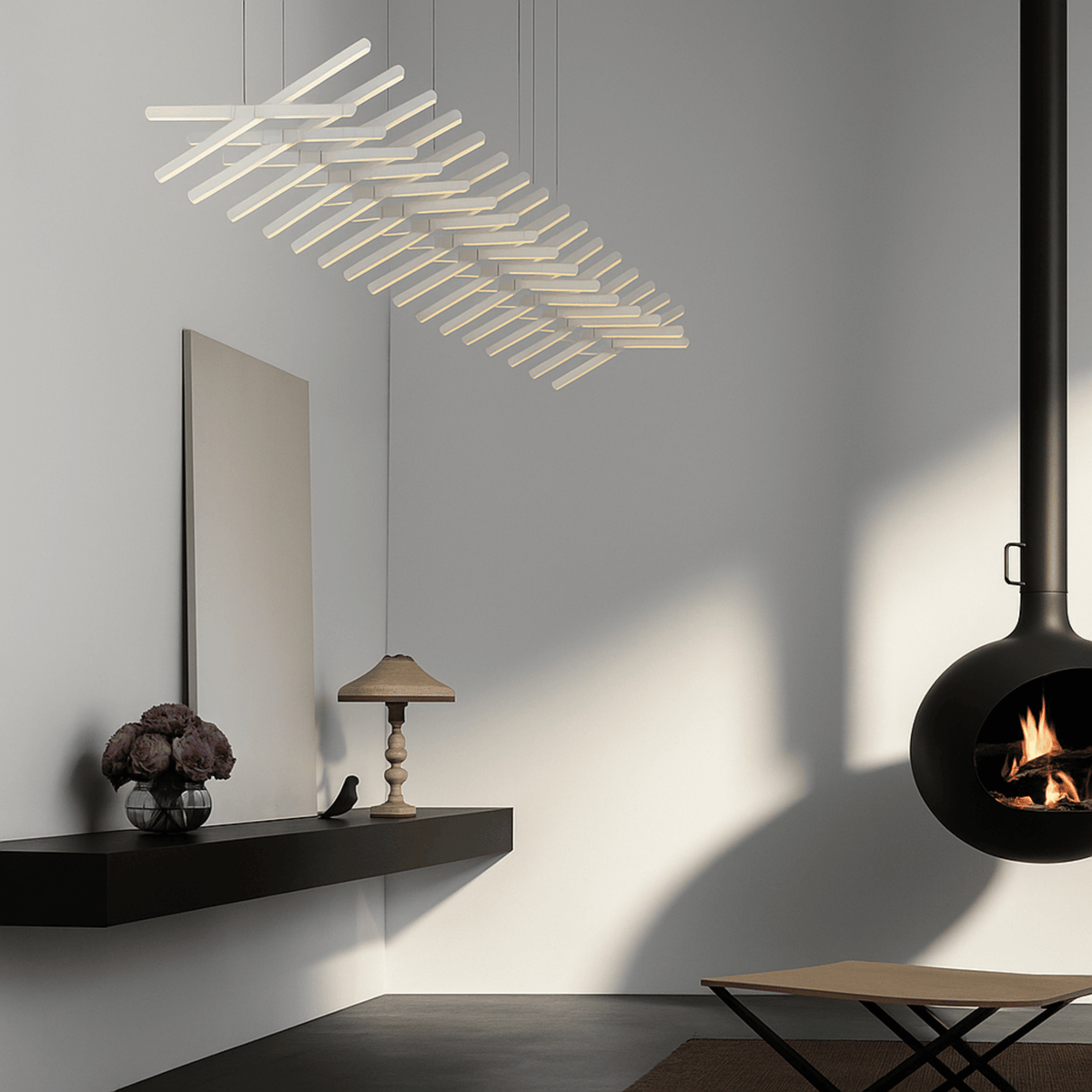 White Rotating Bar LED Chandelier, Sculptural Linear