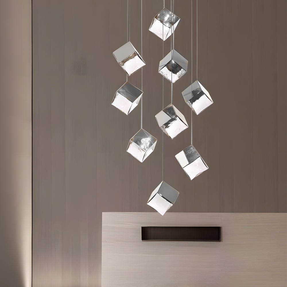 Ice Cube Glass Staircase Chandelier, Stainless Steel Pendant Light 7