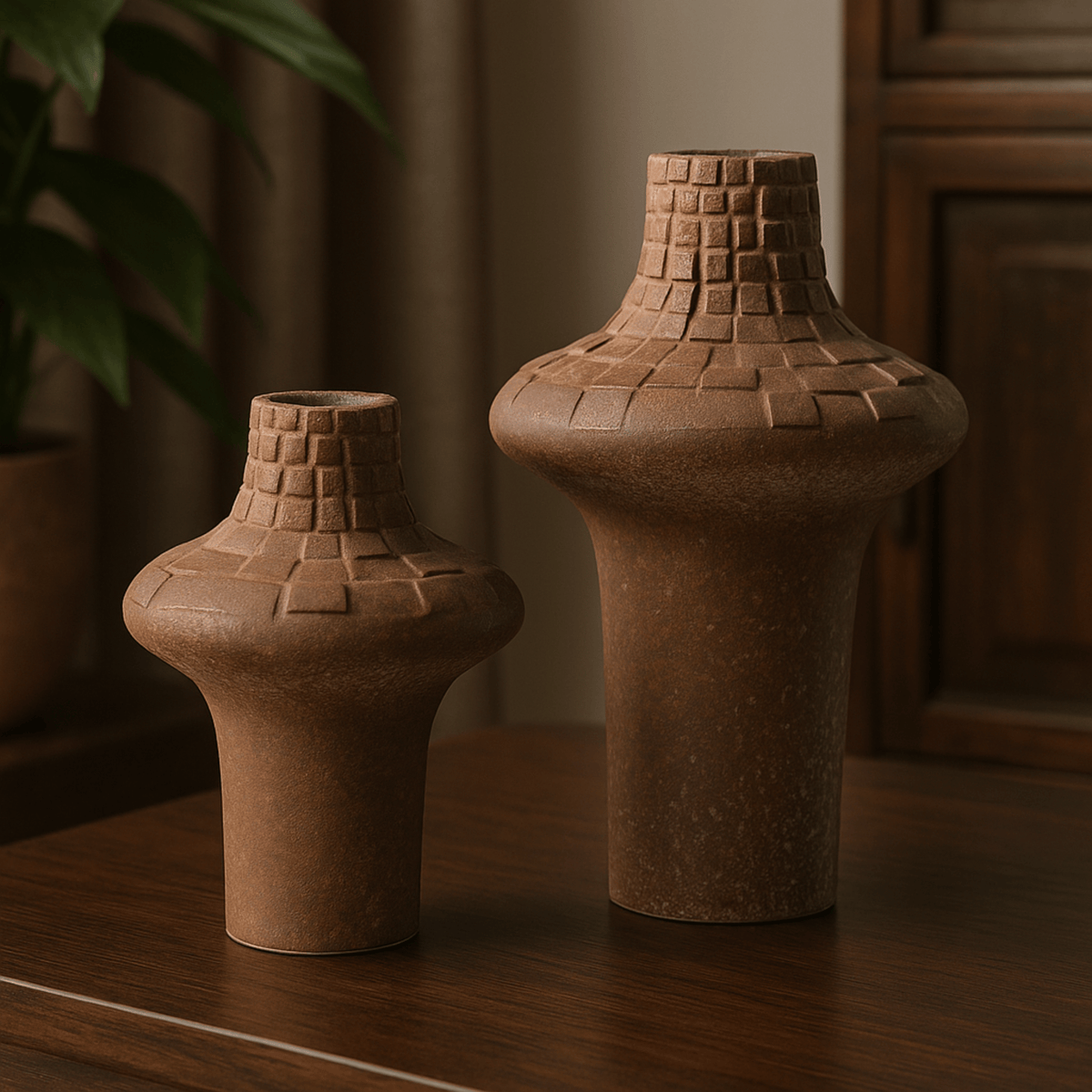 Rustic Plaid Texture Ceramic Vase, Handmade Pottery Vase