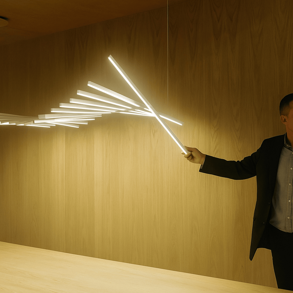 White Rotating Bar LED Chandelier, Sculptural Linear
