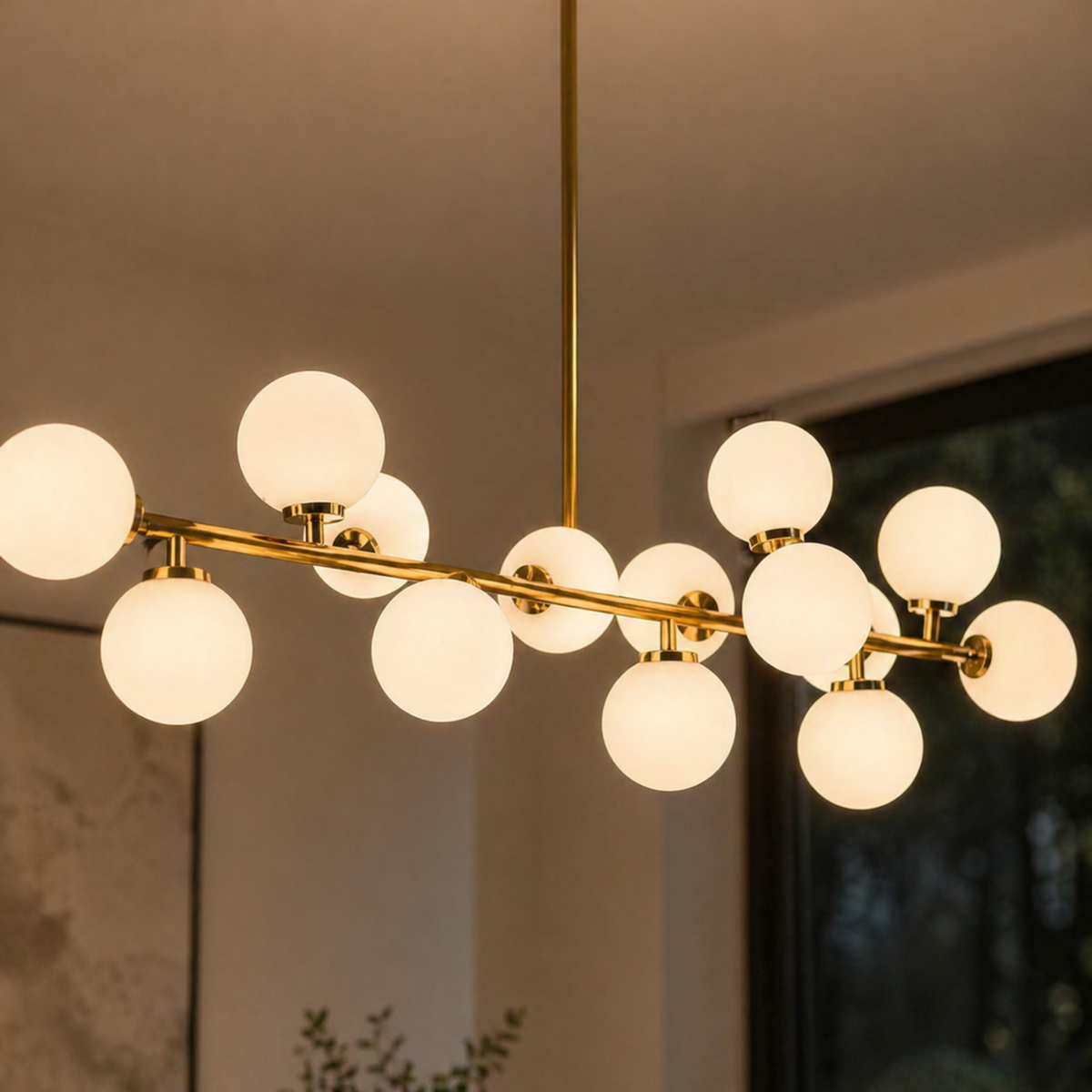 Glass Globe Bubble Linear Chandelier, 16 Light Black or Gold