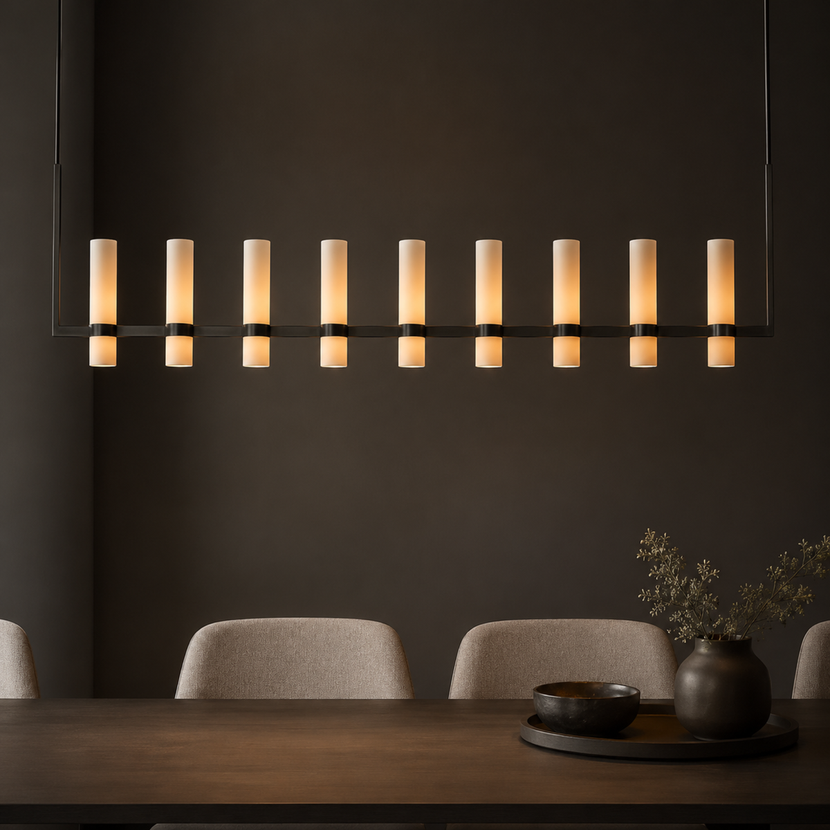 Frosted Glass Cylinder Linear Chandelier, Gold or Black