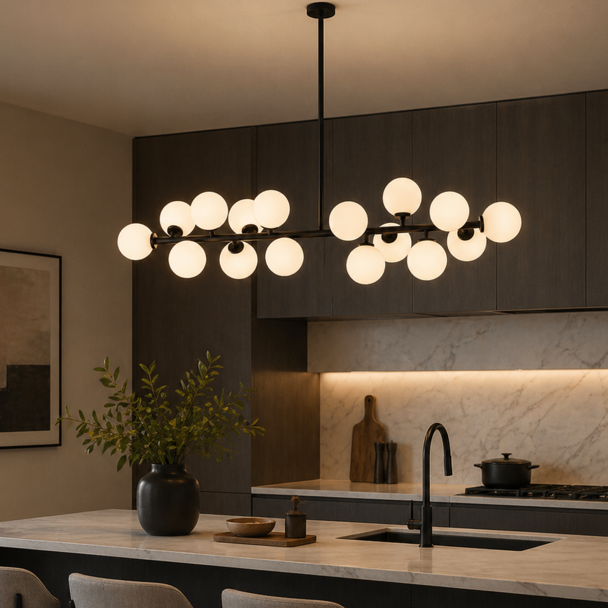 Glass Globe Bubble Linear Chandelier, 16 Light Black or Gold