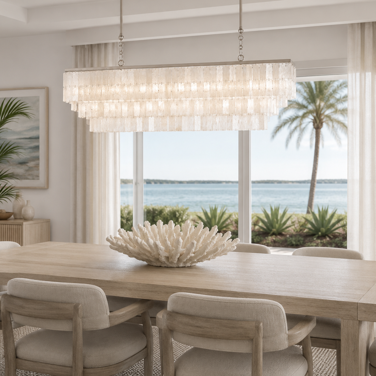 Natural Shell Linear Chandelier, Layered Coastal Island
