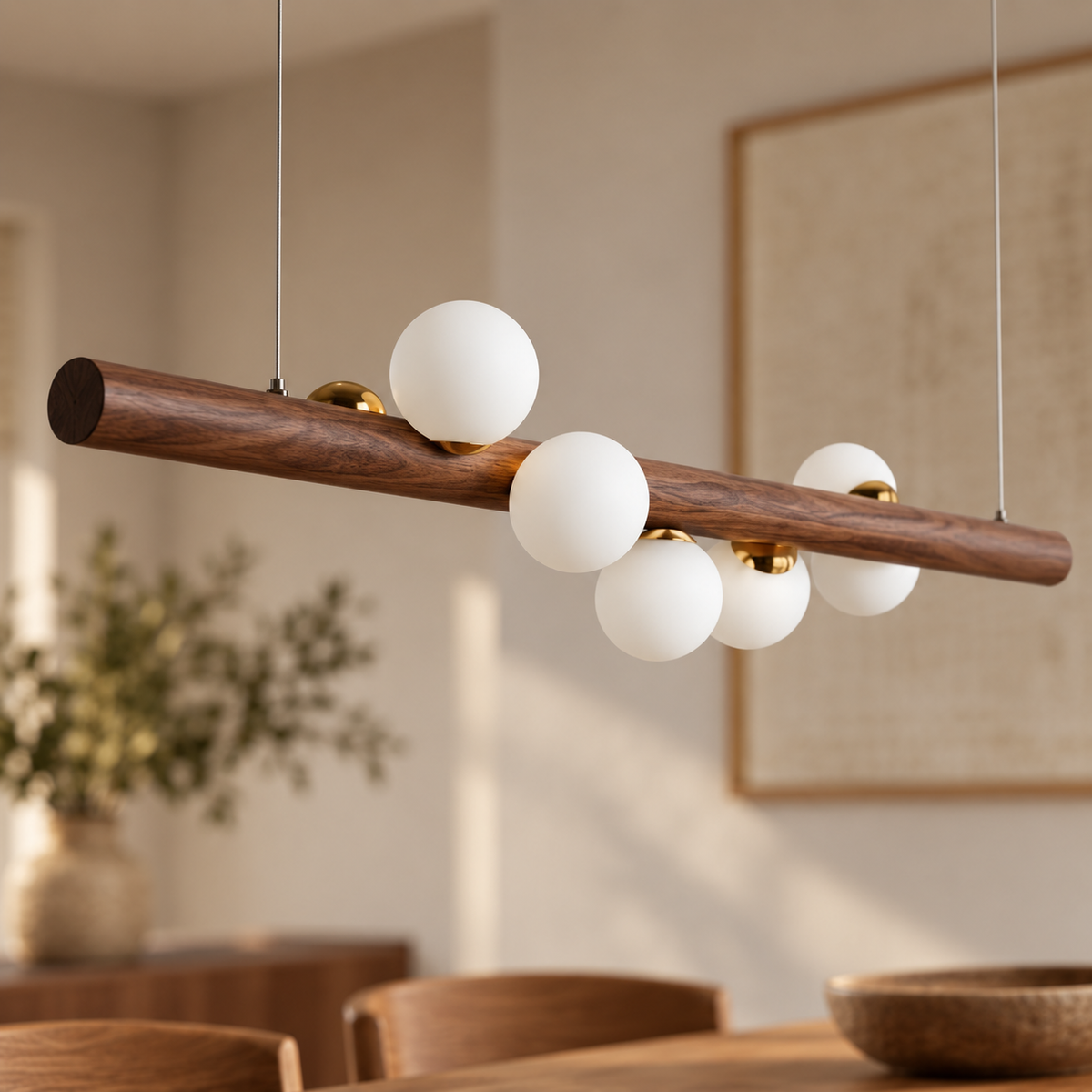 Walnut Wood Beam Globe Linear Pendant, 5 or 7 Lights