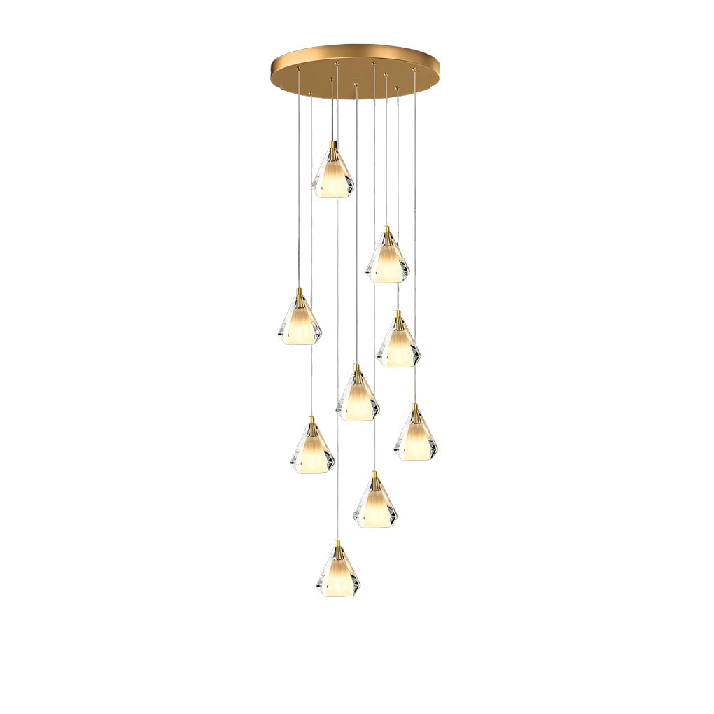 Faceted Crystal Cone Staircase Chandelier, Brass Long Drop Light 8