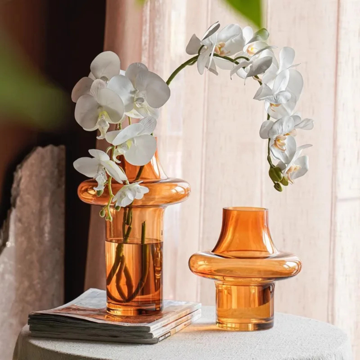 Amber Glass Ring Vase, Sculptural Geometric Tabletop Vase