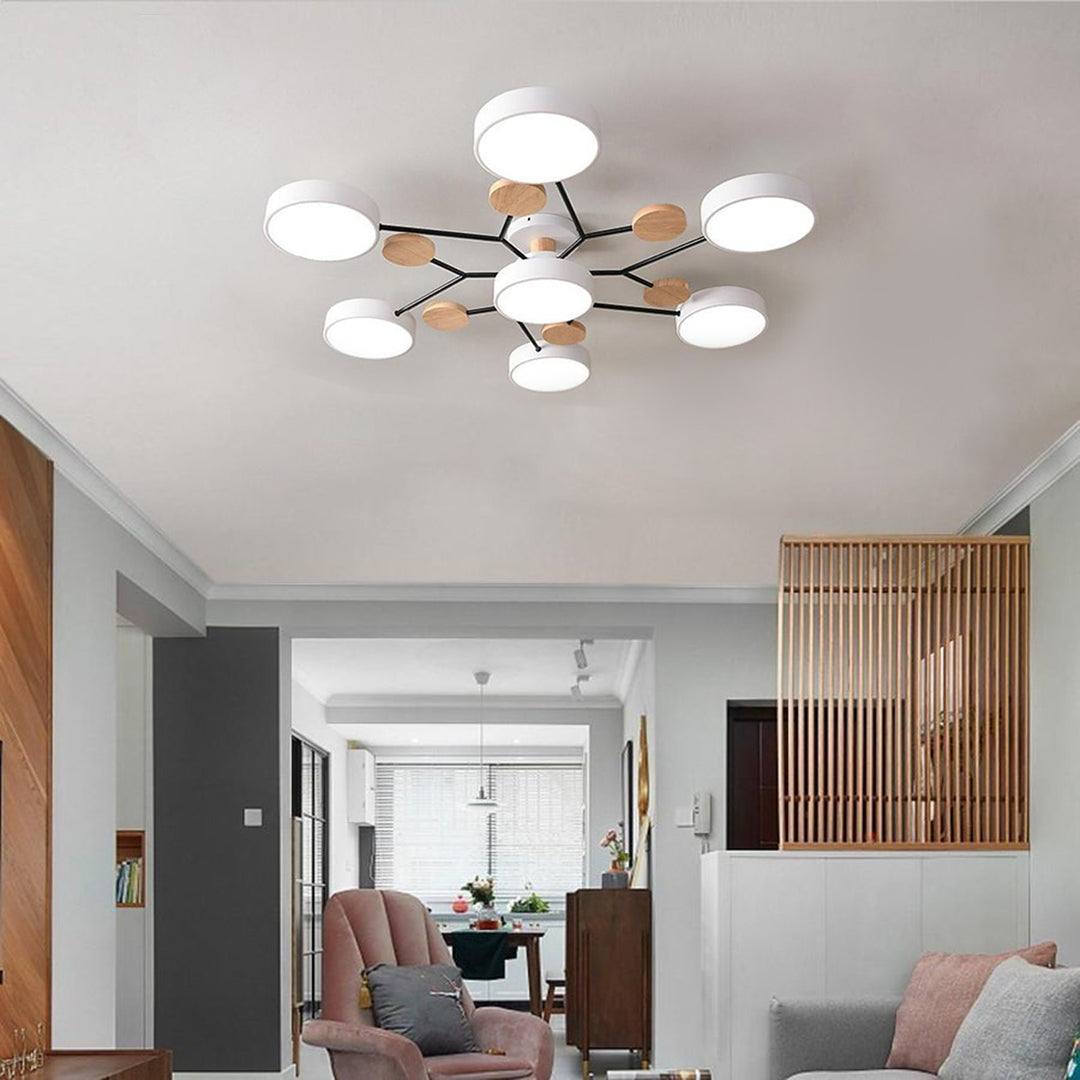 Orbit Disc Semi Flush Chandelier, Wood Accent Metal Ceiling Light 4