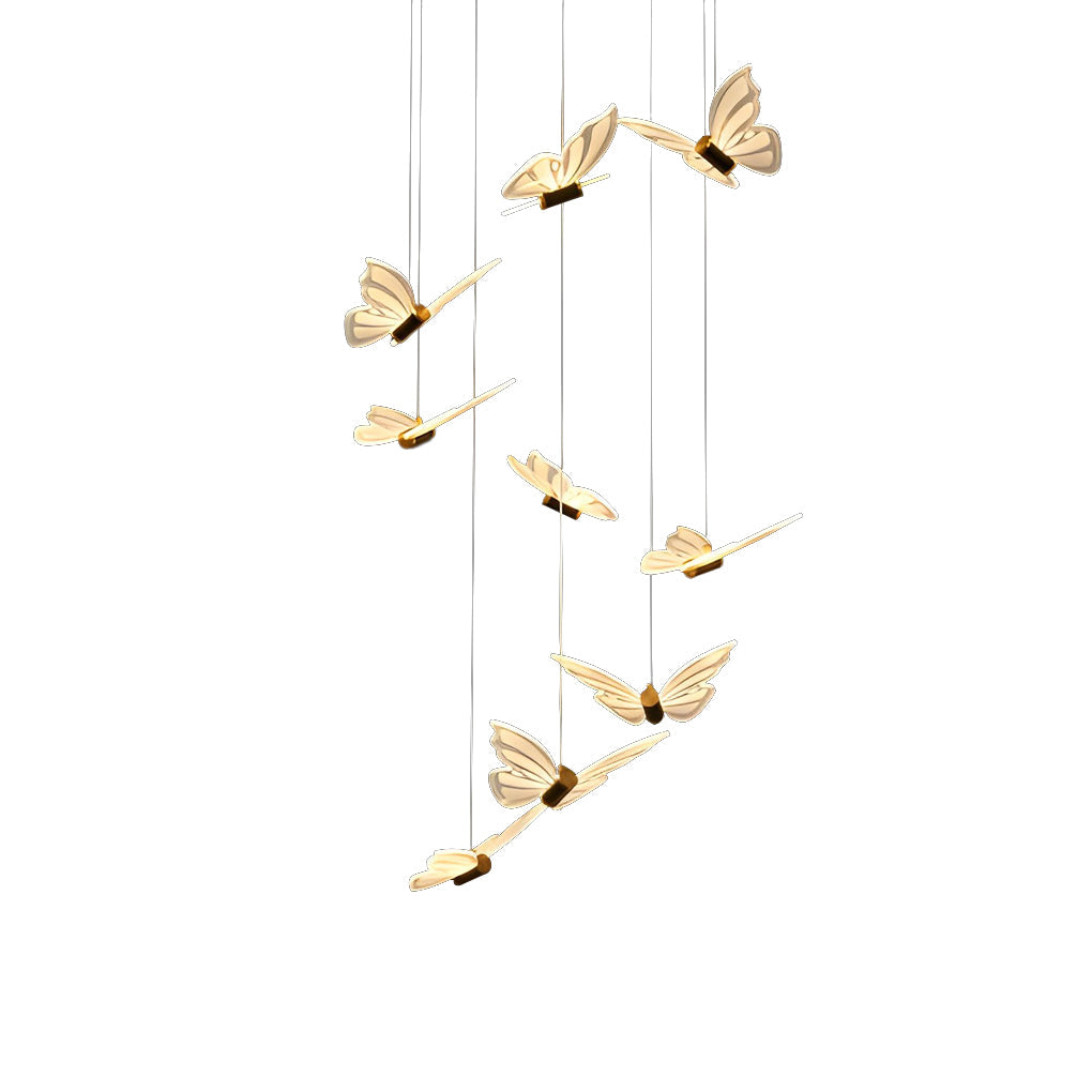 Butterfly Flight Staircase Chandelier, Black and Gold Long Drop Light 8