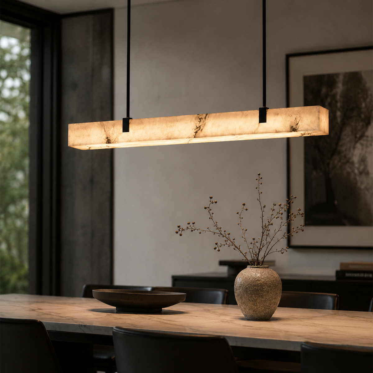 Faux Marble Glow Linear Pendant Light, Black LED Bar