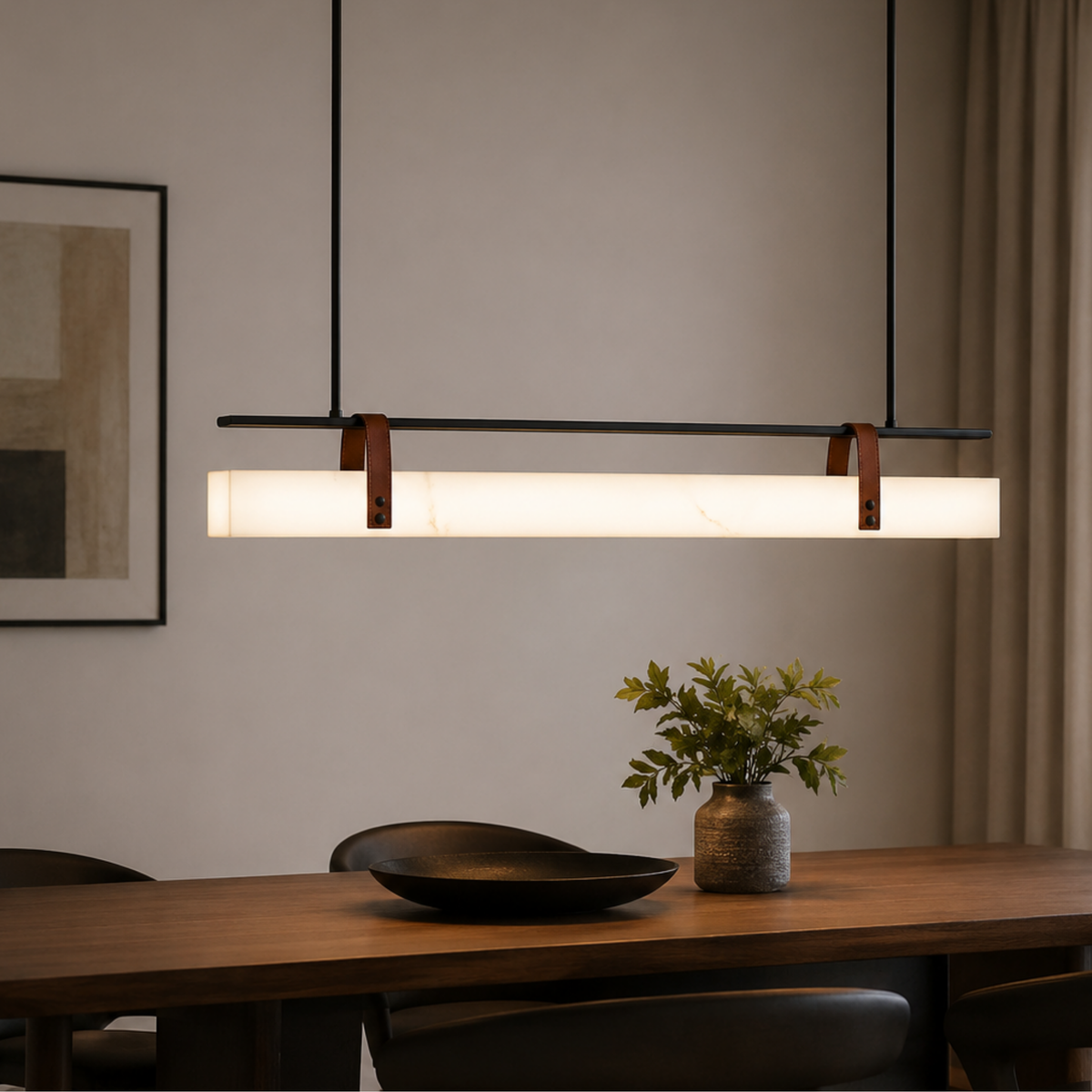 Faux Marble and Leather Linear Pendant Light, Dimmable