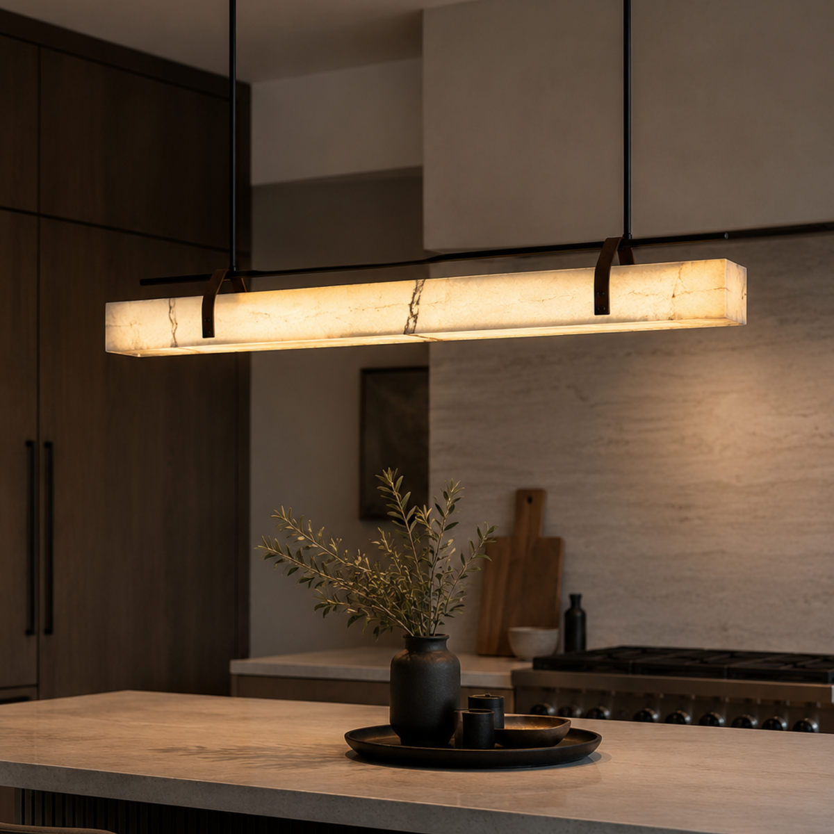 Faux Marble and Leather Linear Pendant Light, Dimmable