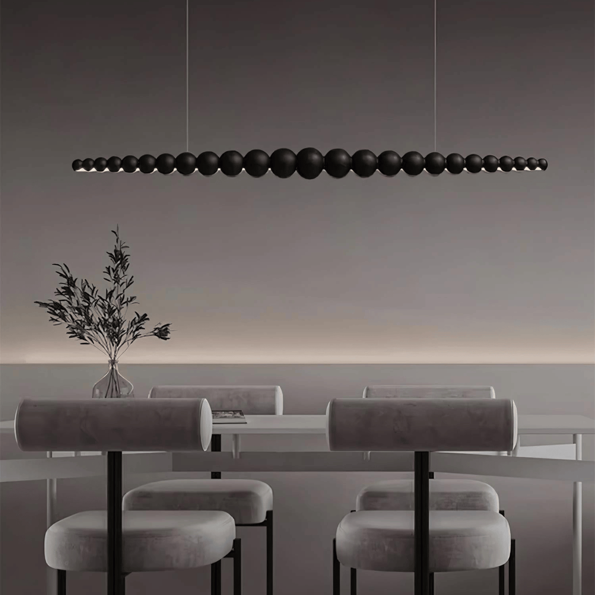 Black Wood Bead Linear LED Pendant, Modern Island Light