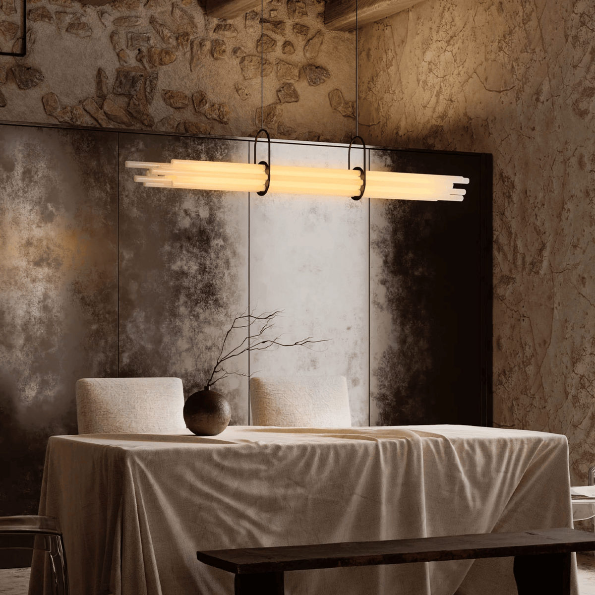 Slim Glass and Aluminum Linear Pendant, Long Office Bar