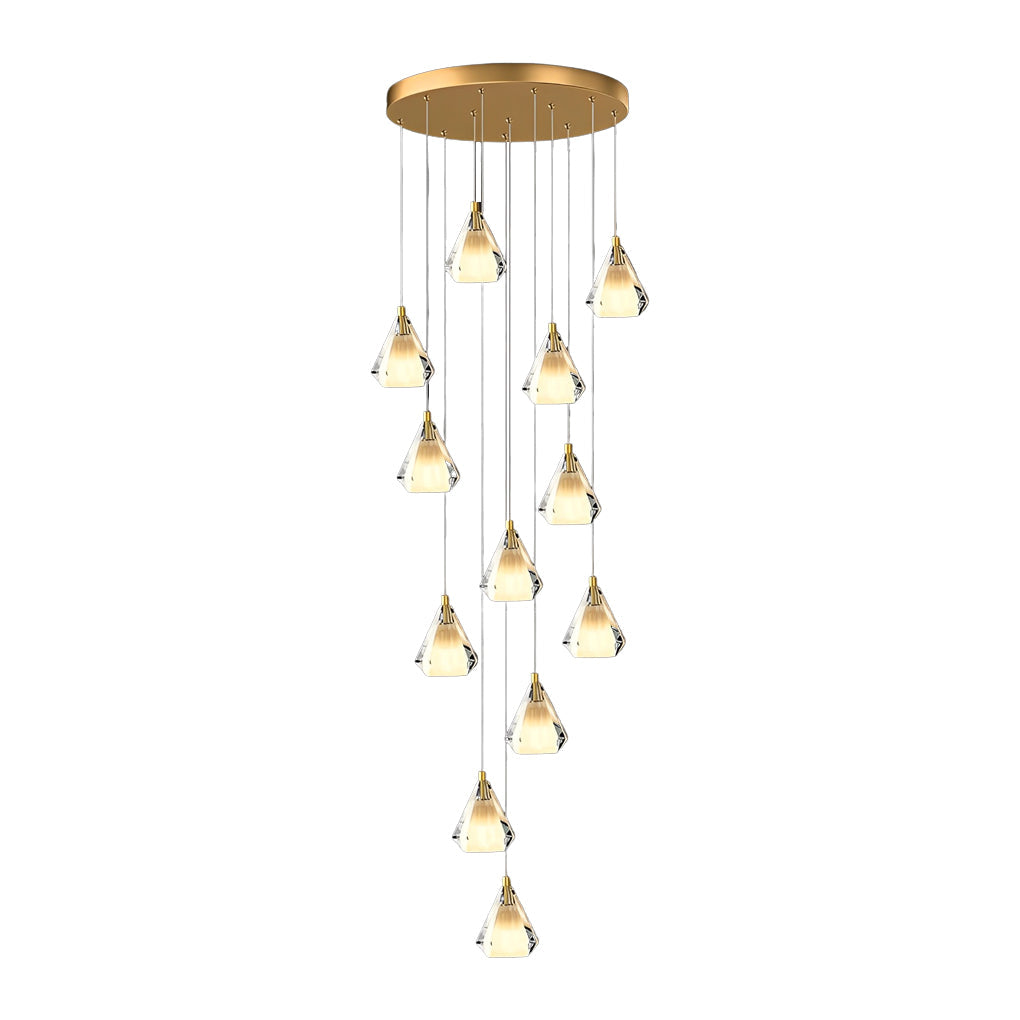 Faceted Crystal Cone Staircase Chandelier, Brass Long Drop Light 9