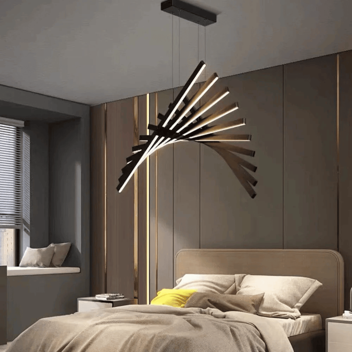 Black Rotating Bar LED Chandelier, Sculptural Linear