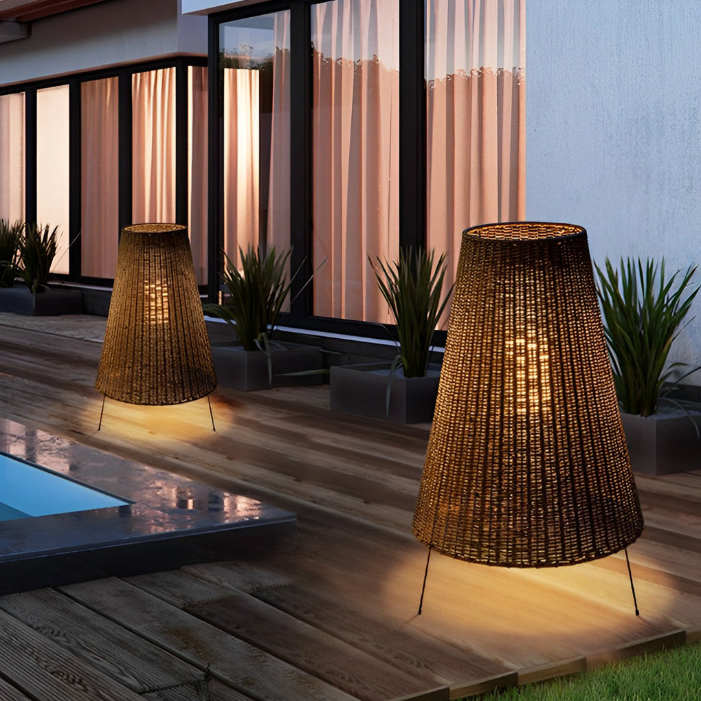 Woven Rattan Tripod Floor Lamp, Iron Frame Outdoor Patio Light