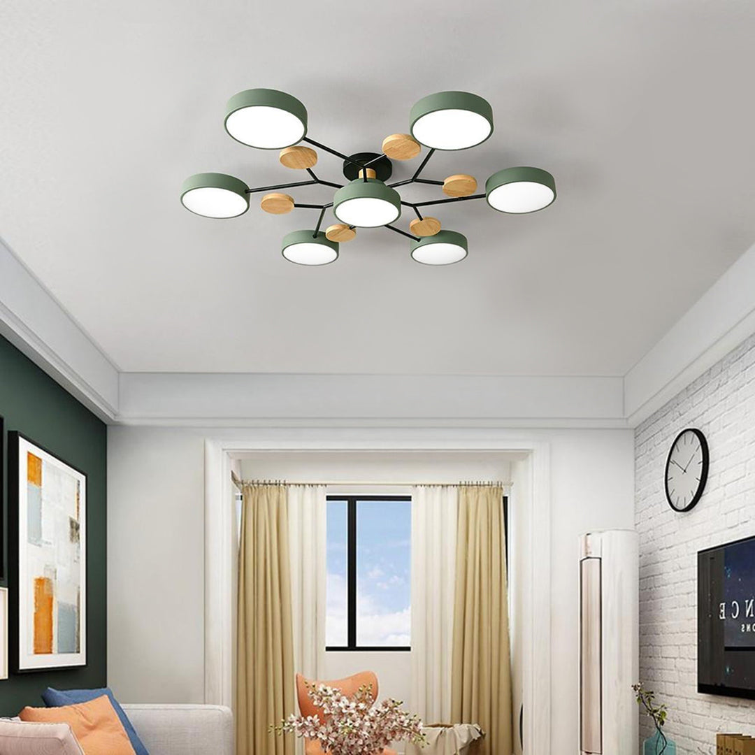 Orbit Disc Semi Flush Chandelier, Wood Accent Metal Ceiling Light 5