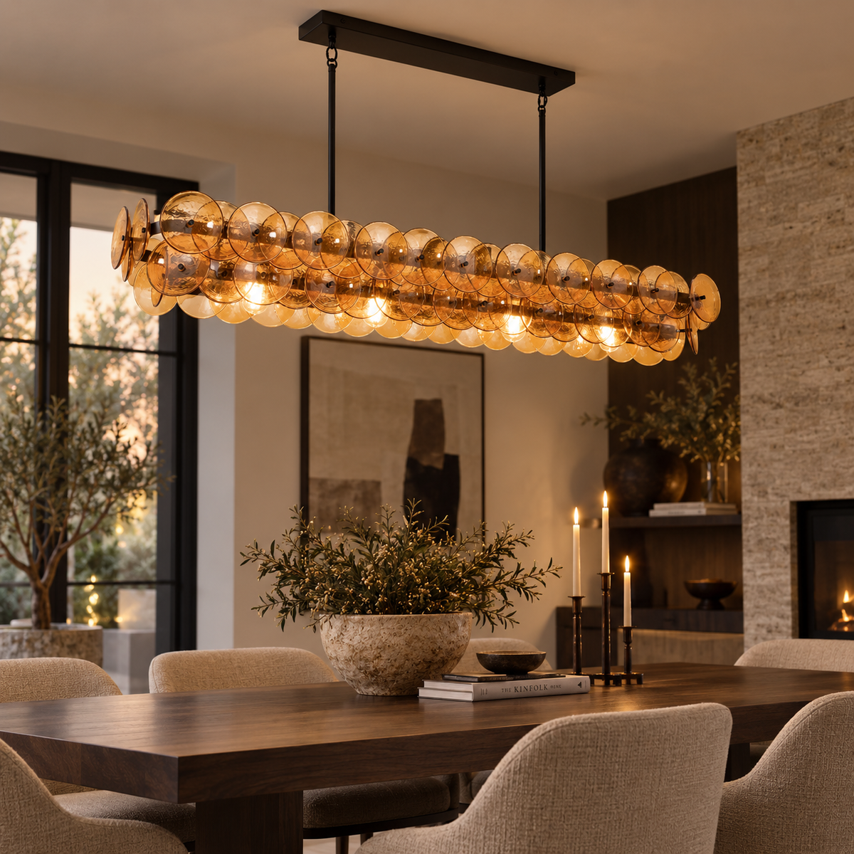Amber Glass Disc Linear Chandelier, 12 Light Statement
