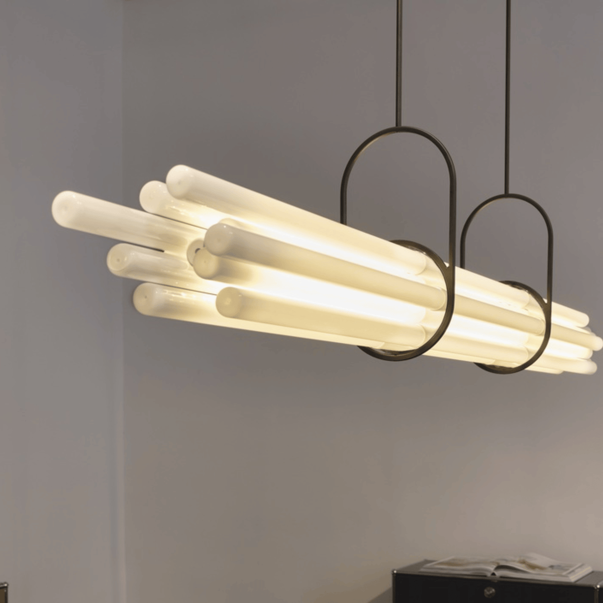 Slim Glass and Aluminum Linear Pendant, Long Office Bar
