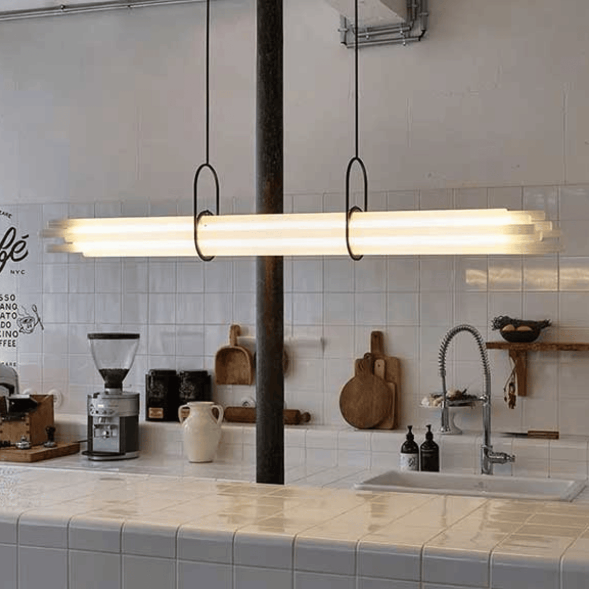 Slim Glass and Aluminum Linear Pendant, Long Office Bar