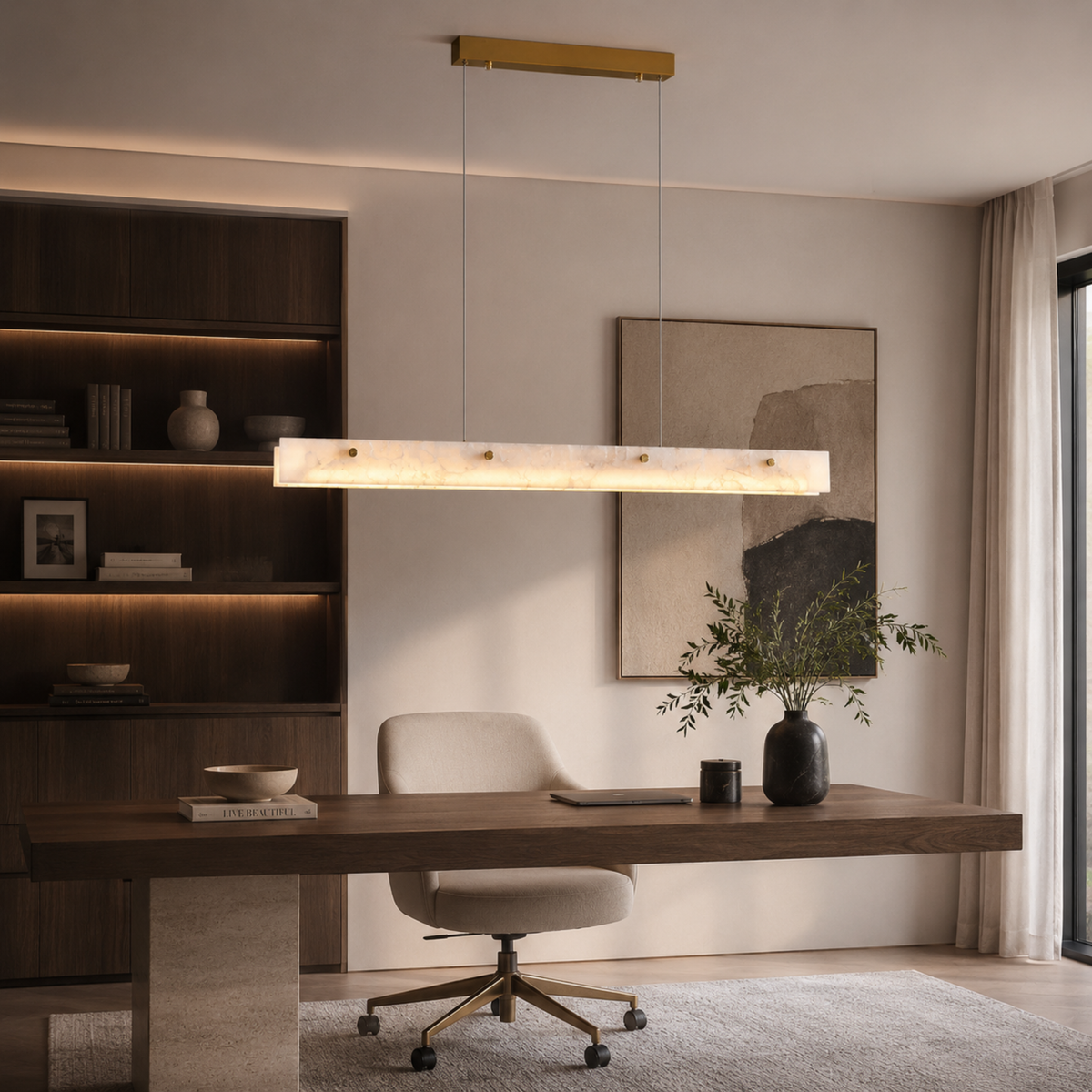 Natural Marble Linear Pendant Light, Brushed Gold LED