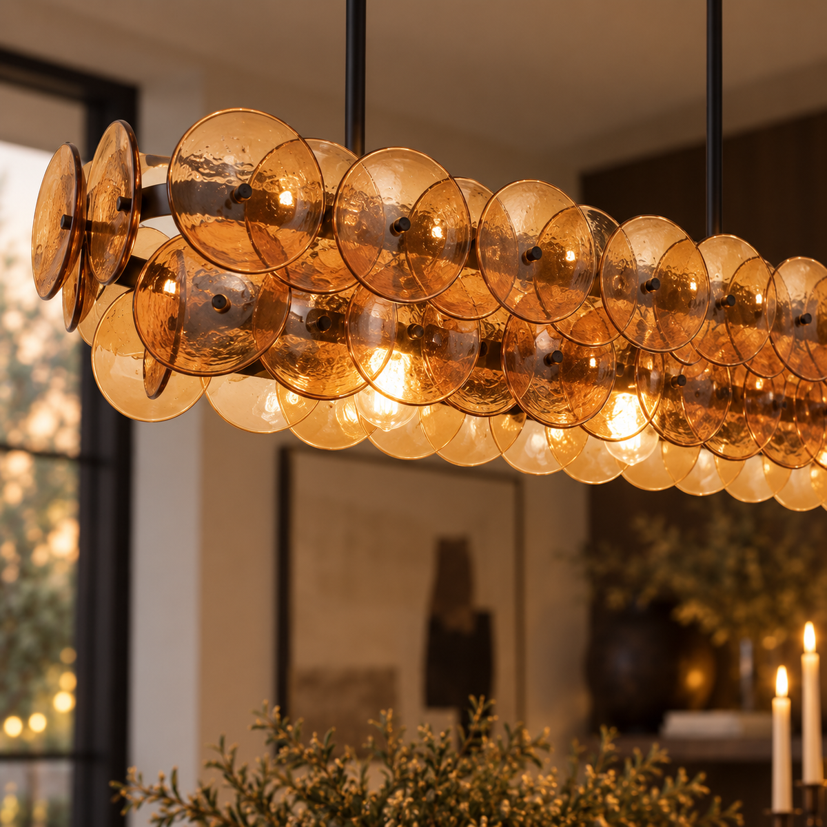 Amber Glass Disc Linear Chandelier, 12 Light Statement