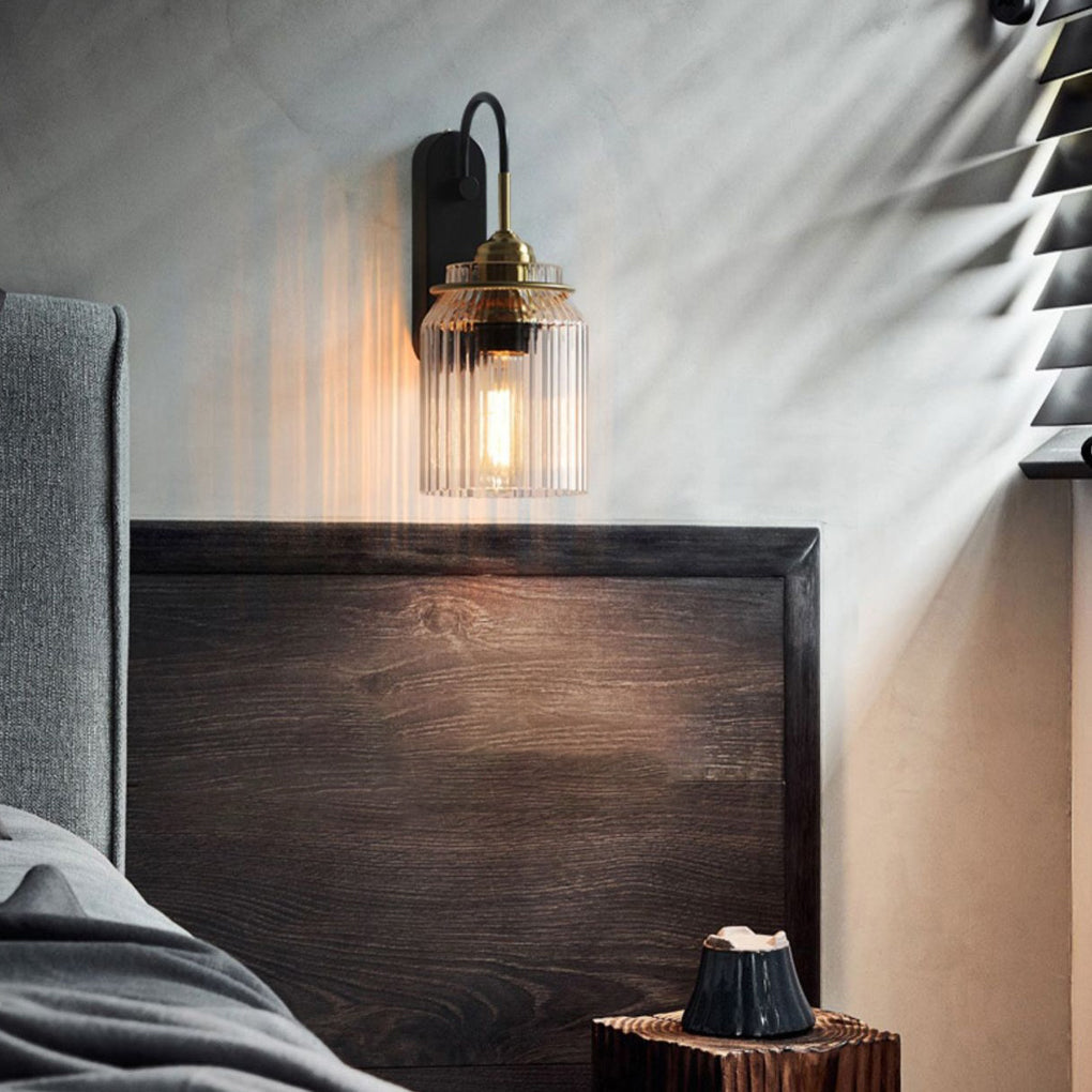 Ribbed Glass Jar Wall Sconce, Gold and Black Wall Light
