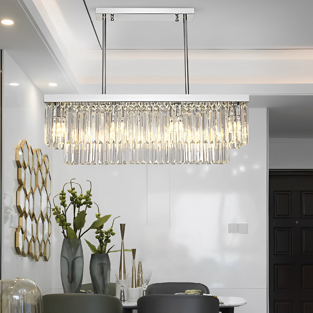 Tiered Prism Crystal Chandelier, Silver Steel Linear Dining Light