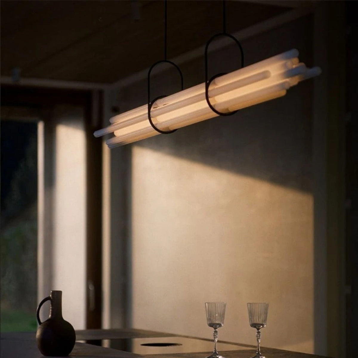 Slim Glass and Aluminum Linear Pendant, Long Office Bar